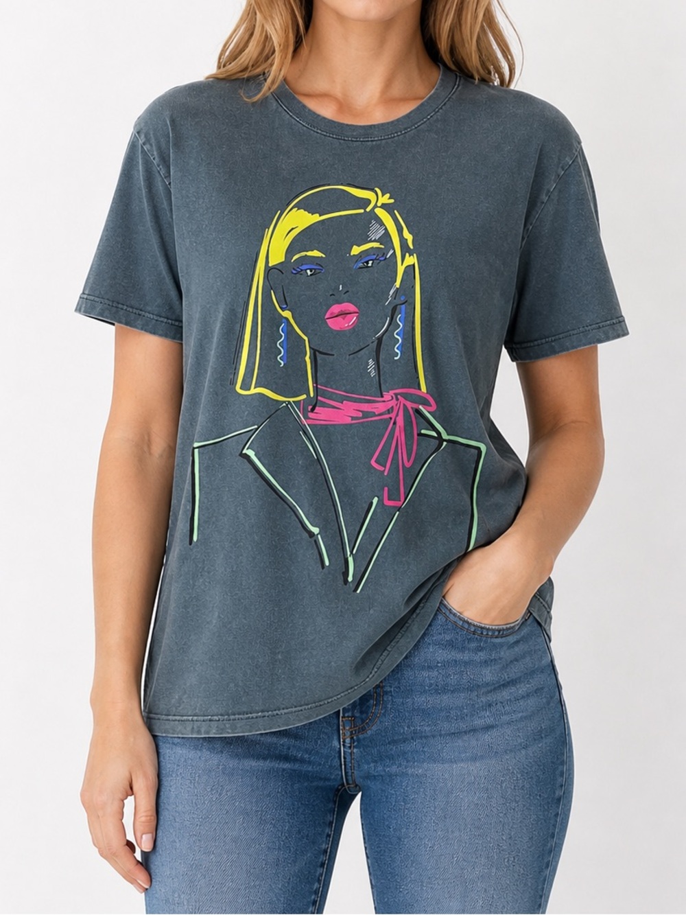 LCW Vision Shirt XS Neon Graphic Blonde Woman Sketch Graphic Tee 100% Cotton Top
